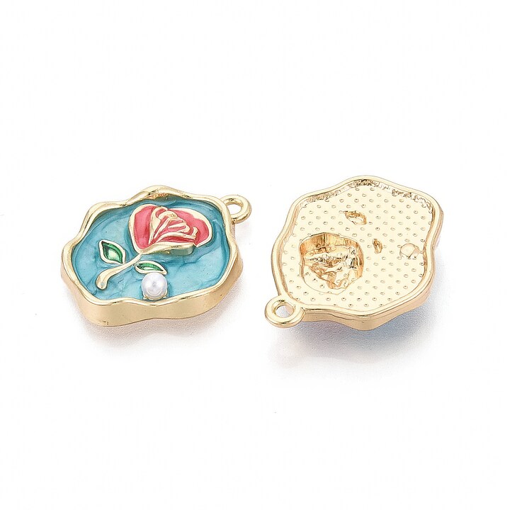 Charm mini pandantiv auriu emailat floare corai cu perluta 25x20mm