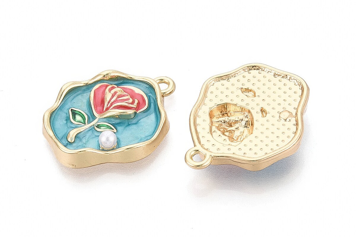 Charm mini pandantiv auriu emailat floare corai cu perluta 25x20mm