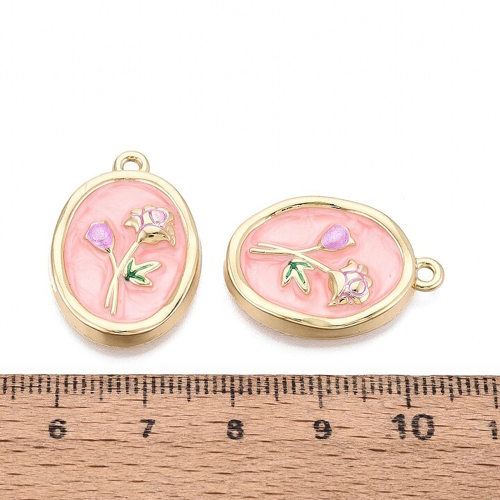 Charm mini pandantiv auriu emailat trandafiri roz 26x18mm