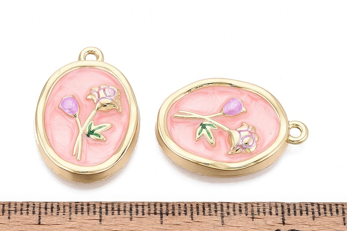 Charm mini pandantiv auriu emailat trandafiri roz 26x18mm