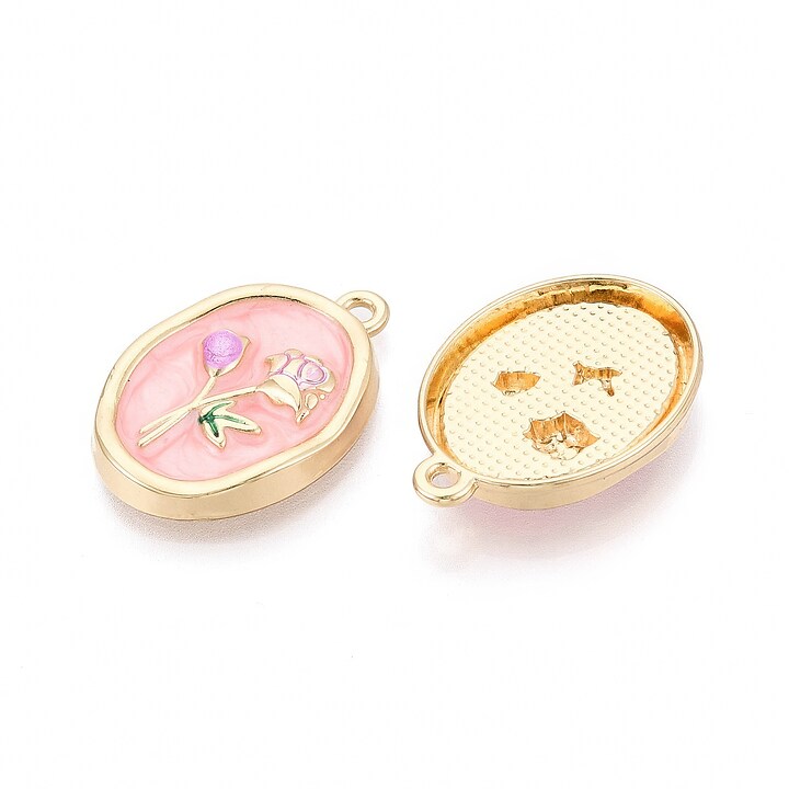 Charm mini pandantiv auriu emailat trandafiri roz 26x18mm