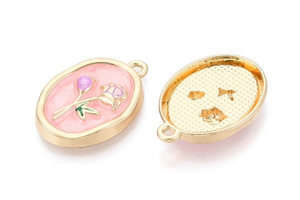 Charm mini pandantiv auriu emailat trandafiri roz 26x18mm