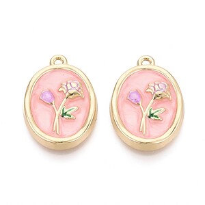Charm mini pandantiv auriu emailat trandafiri roz 26x18mm