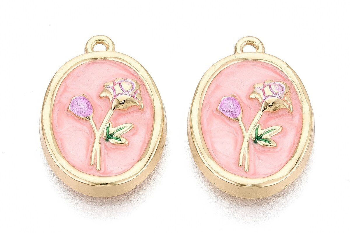 Charm mini pandantiv auriu emailat trandafiri roz 26x18mm