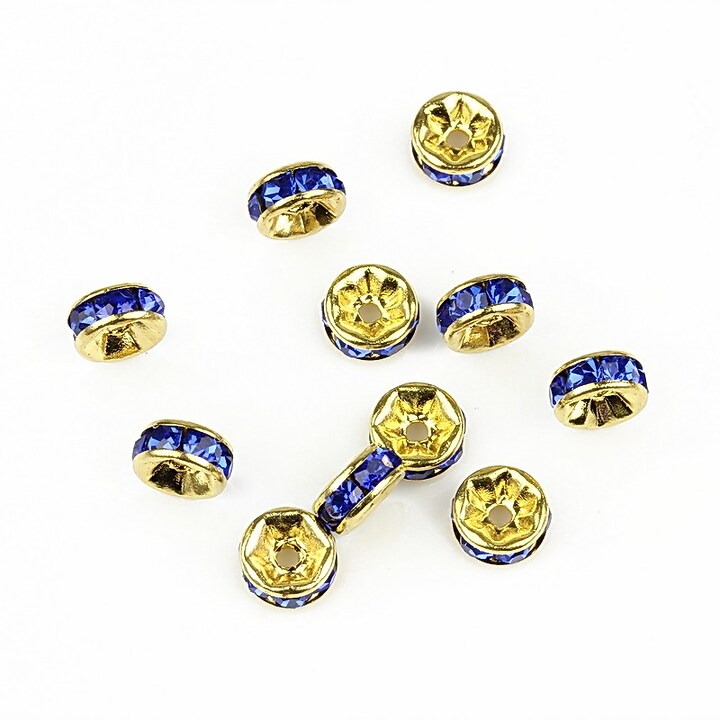 Distantiere aurii cu rhinestone albastre 2,5x6mm