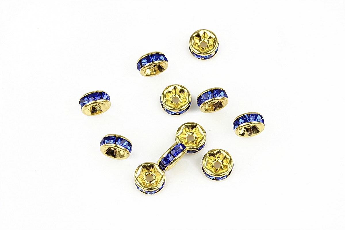 Distantiere aurii cu rhinestone albastre 2,5x6mm