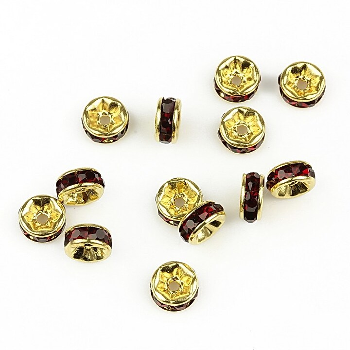 Distantiere aurii cu rhinestone rosii 2,5x6mm