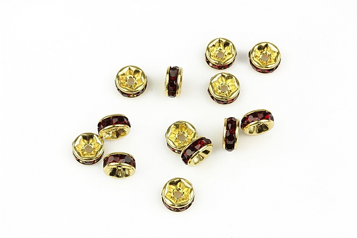 Distantiere aurii cu rhinestone rosii 2,5x6mm