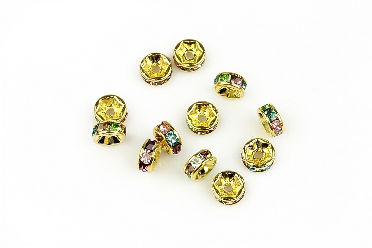 Distantiere aurii cu rhinestone multicolore 2,5x6mm