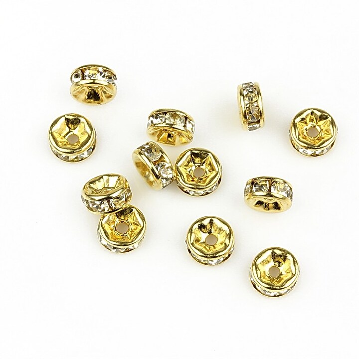 Distantiere aurii cu rhinestone albe 2,5x6mm