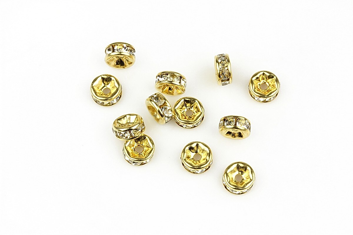 Distantiere aurii cu rhinestone albe 2,5x6mm