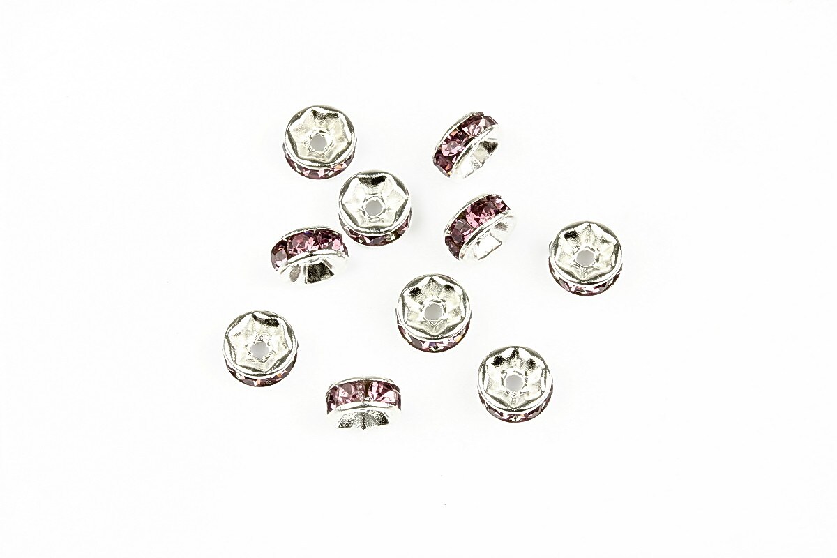 Distantiere argintii cu rhinestone mov 2,5x6mm