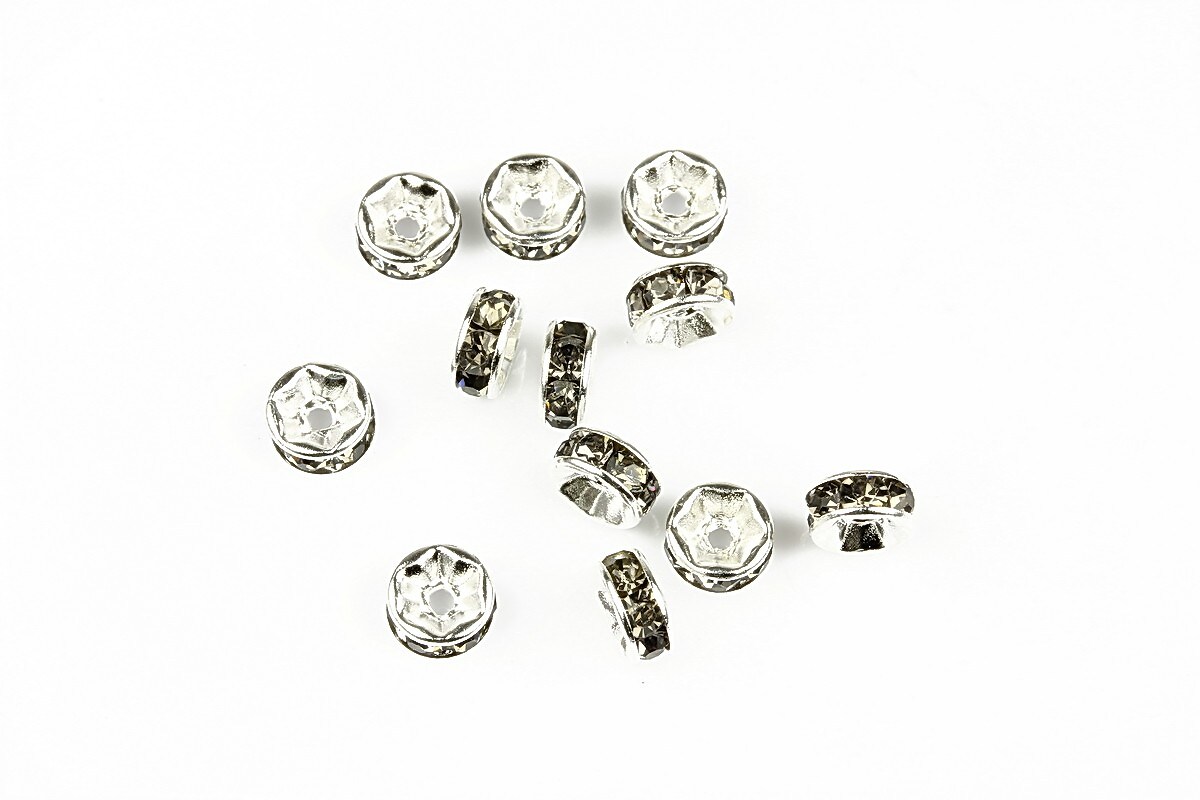 Distantiere argintii cu rhinestone gri 2,5x6mm