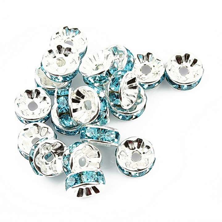 Distantiere argintii cu rhinestones bleu 8mm (rondele 3,5x8mm)