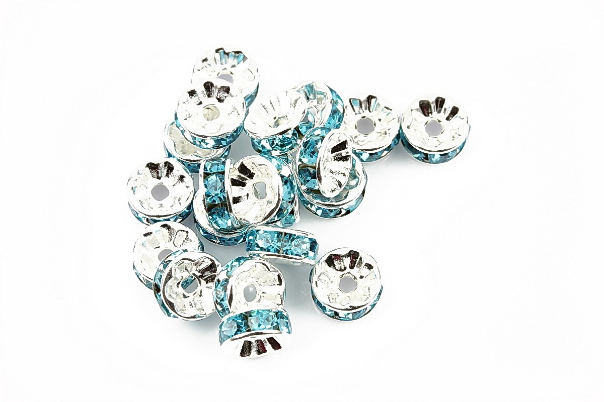 Distantiere argintii cu rhinestones bleu 8mm (rondele 3,5x8mm)