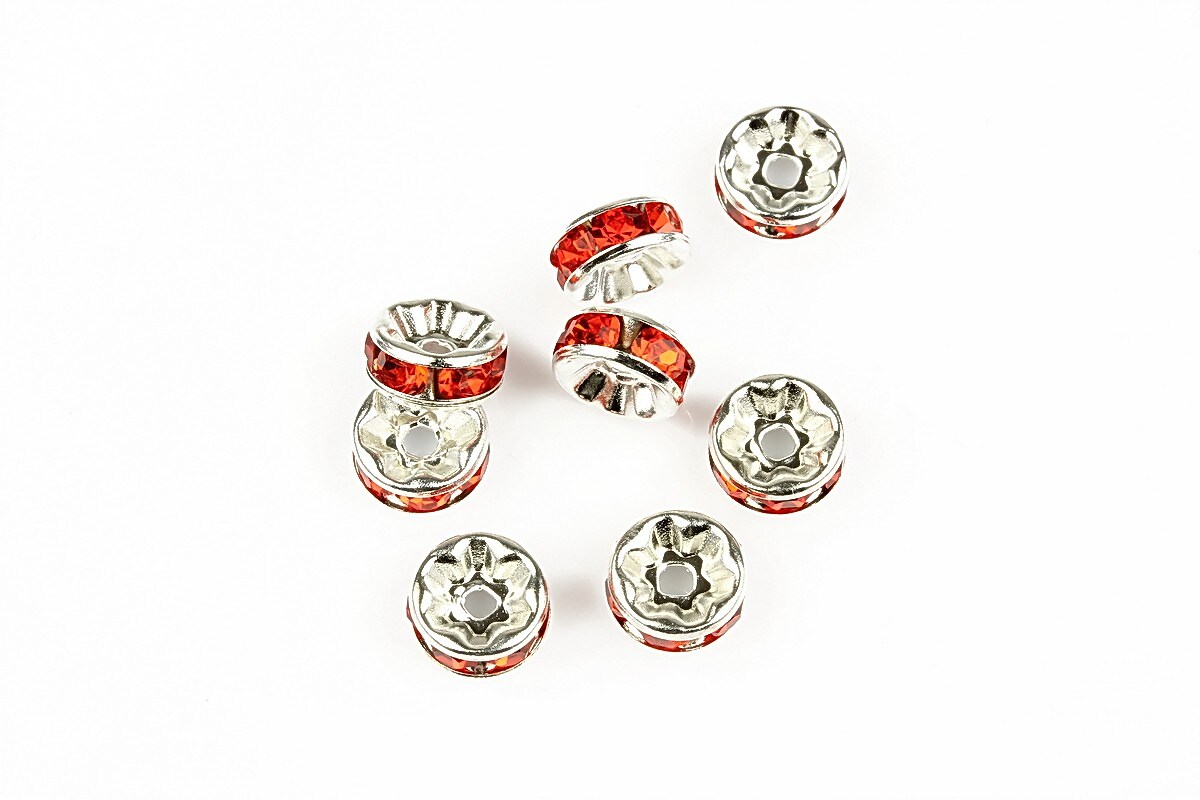 Distantiere argintii cu rhinestone rosu-portocaliu 4x8mm