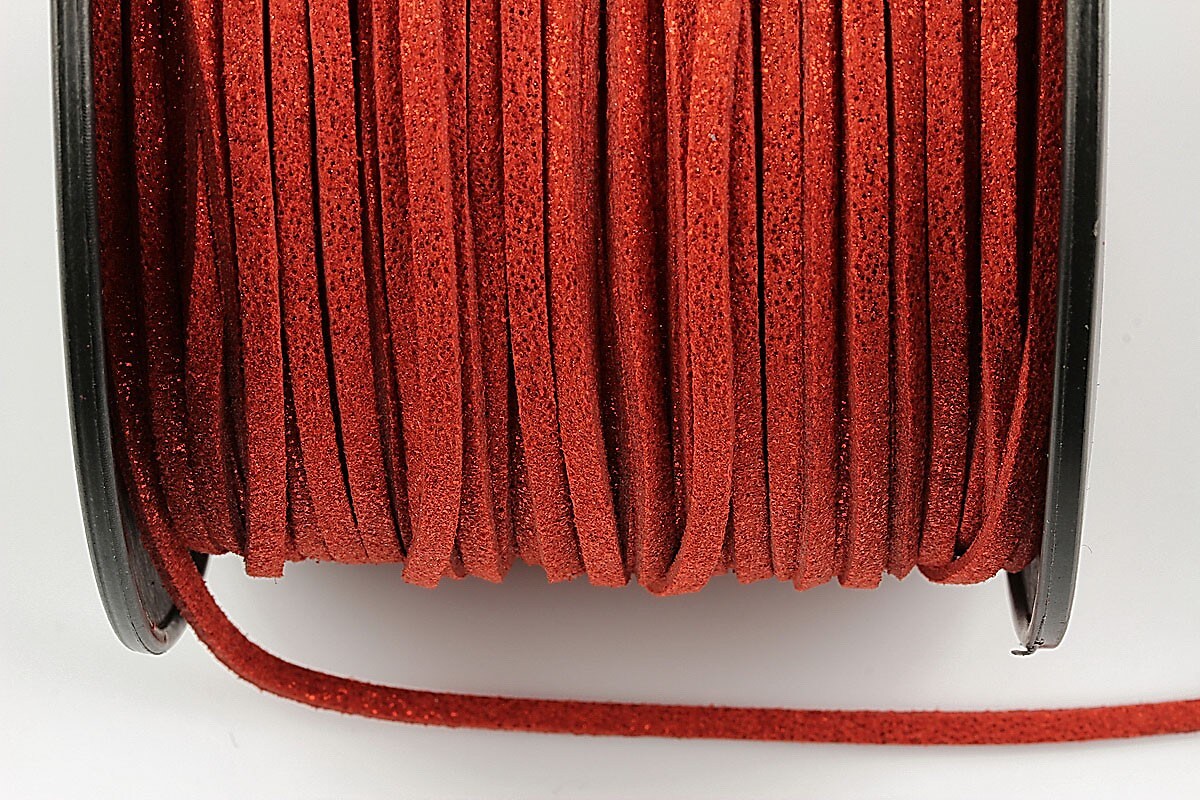 Snur faux suede latime 3mm (5m) - rosu inchis cu particule stralucitoare