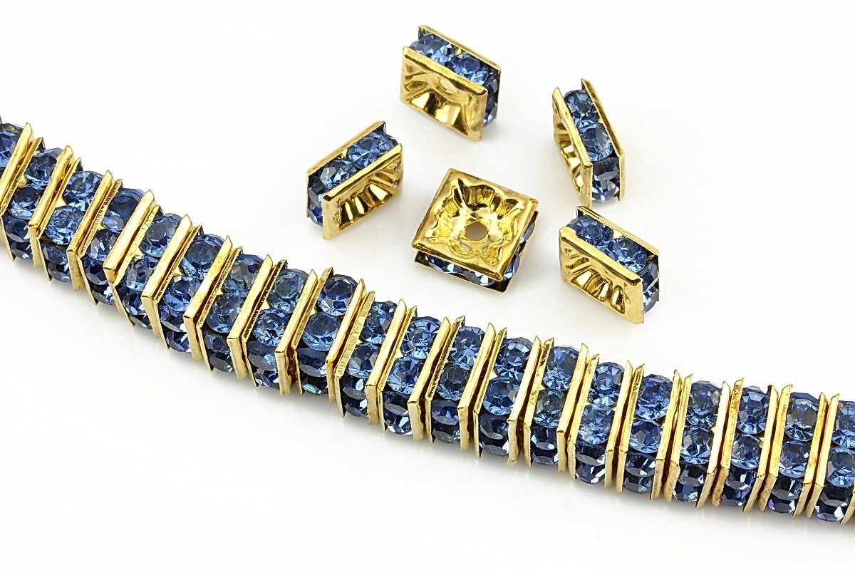 Distantiere aurii cu rhinestones albastre 8mm (patrate 3,5x8mm)