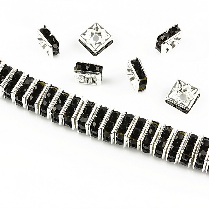 Distantiere argintii cu rhinestones negre 6mm (patrate 2,5x6mm)