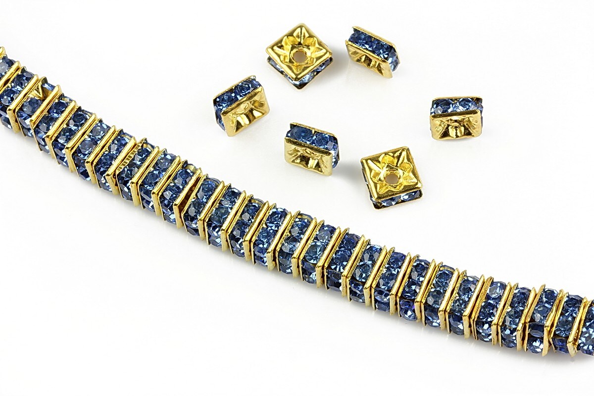 Distantiere aurii cu rhinestones albastre 6mm (patrate 2,5x6mm)