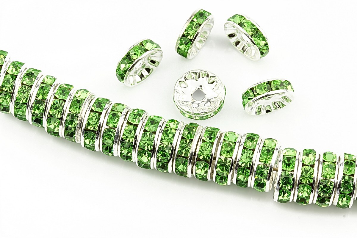 Distantiere argintii cu rhinestones verzi 10mm (rondele 3,5x10mm)