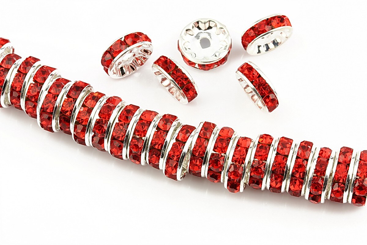 Distantiere argintii cu rhinestones rosii 10mm (rondele 3,5x10mm)