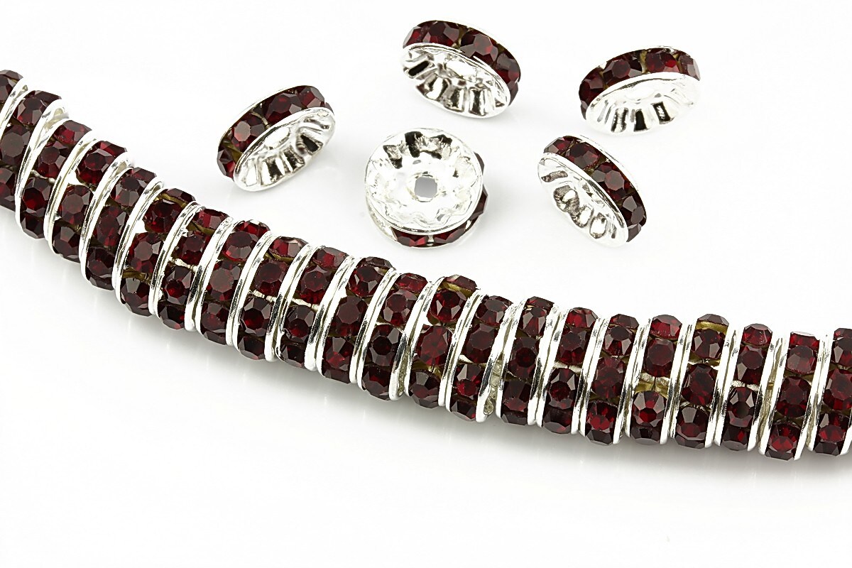 Distantiere argintii cu rhinestones grena 10mm (rondele 3,5x10mm)