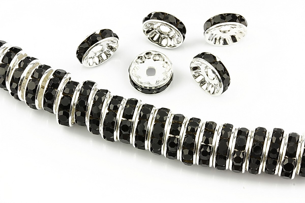 Distantiere argintii cu rhinestones negre 10mm (rondele 3,5x10mm)