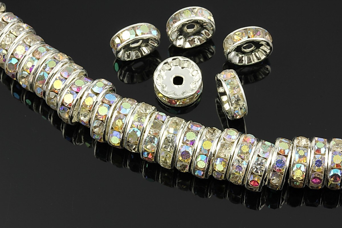 Distantiere argintii cu rhinestones albe cu efect AB, 10mm (rondele 3,5x10mm)