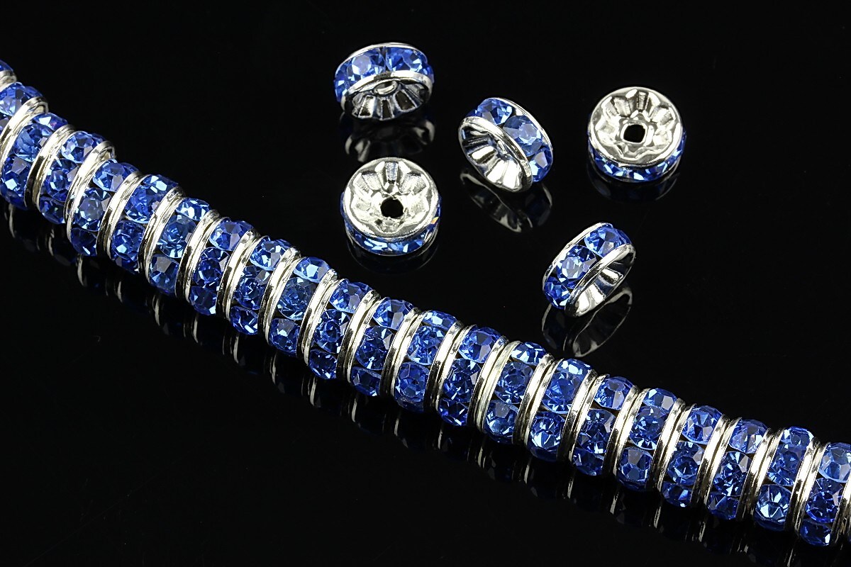 Distantiere argintii cu rhinestones albastre 8mm (rondele 3,5x8mm)