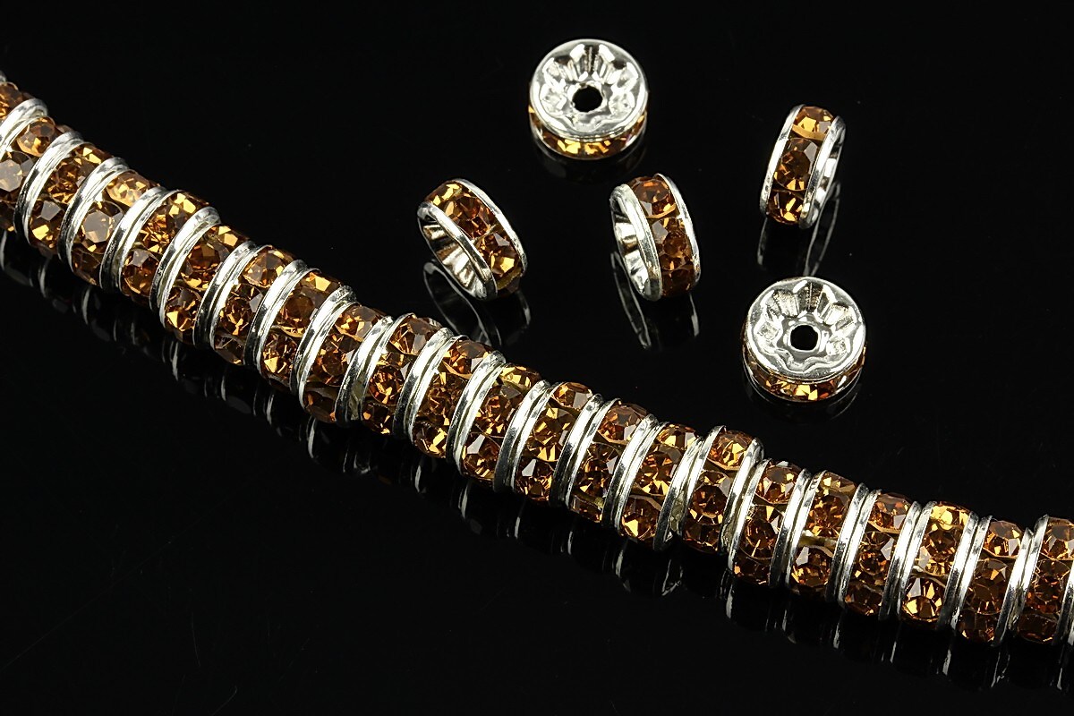 Distantiere argintii cu rhinestones maro 8mm (rondele 3,5x8mm)