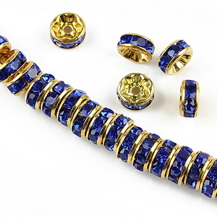 Distantiere aurii cu rhinestones albastru cobalt 8mm (rondele 3,5x8mm)