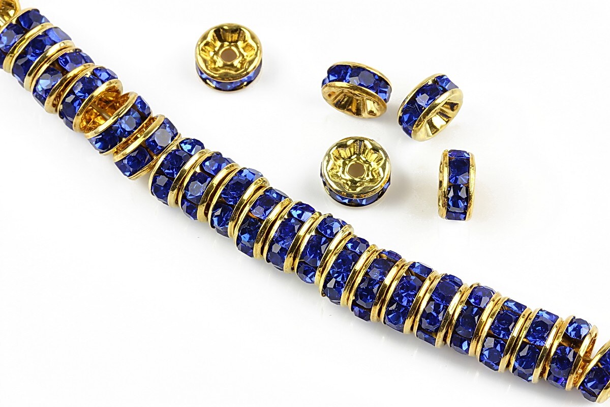 Distantiere aurii cu rhinestones albastru cobalt 8mm (rondele 3,5x8mm)