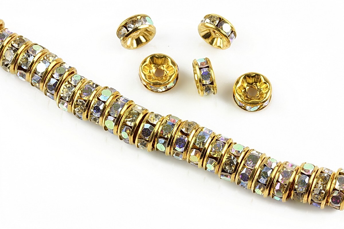 Distantiere aurii cu rhinestones albe cu efect AB, 8mm (rondele 3,5x8mm)