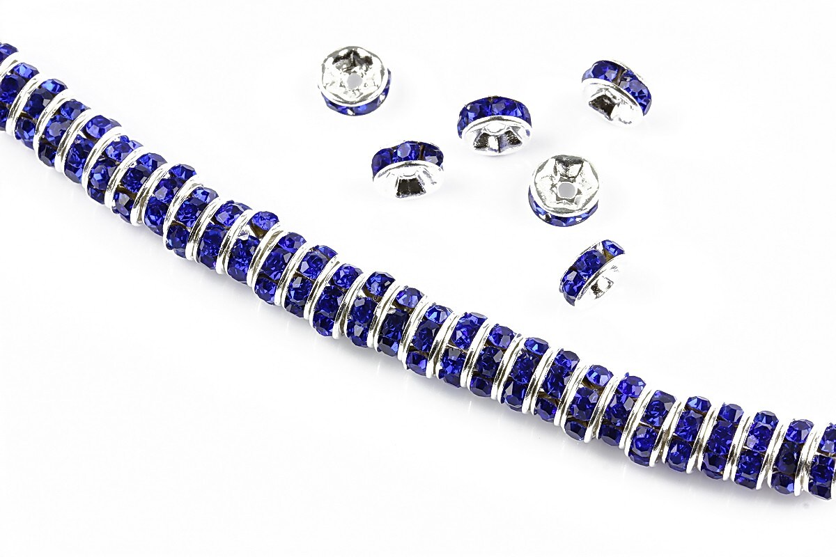 Distantiere argintii cu rhinestones albastru cobalt 6mm (rondele 2,5x6mm)