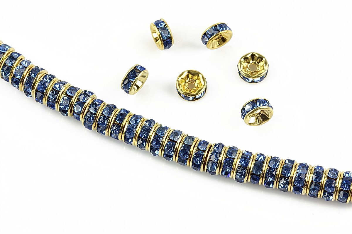 Distantiere aurii cu rhinestones albastre 6mm (rondele 2,5x6mm)