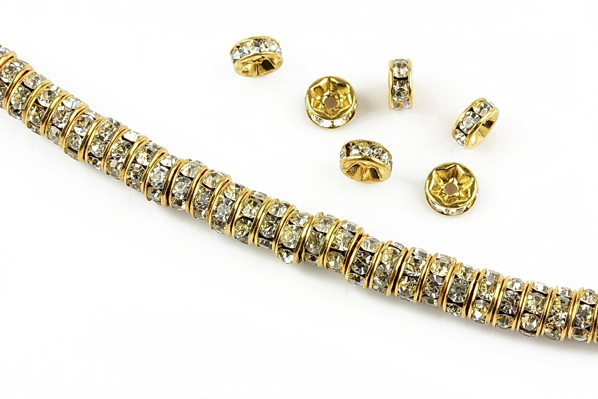 Distantiere aurii cu rhinestones albe 6mm (rondele 2,5x6mm)