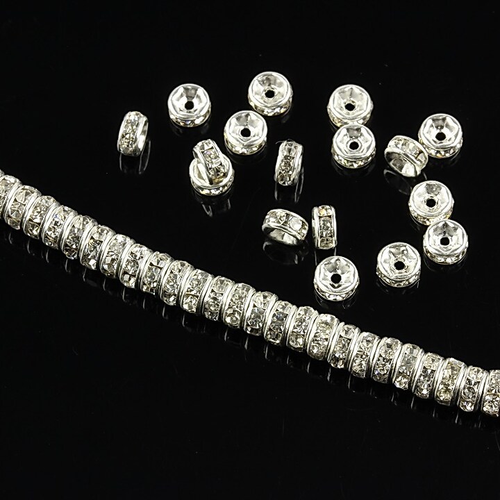 Distantiere argintii cu rhinestones albe 4mm (rondele 2x4mm)