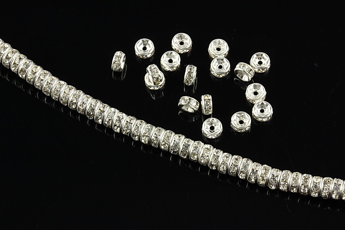 Distantiere argintii cu rhinestones albe 4mm (rondele 2x4mm)