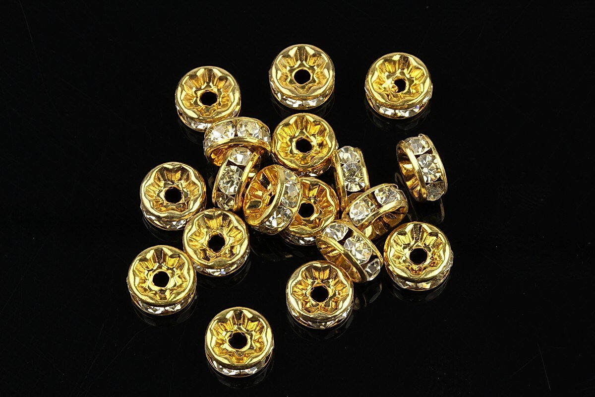 Distantiere aurii cu rhinestones albe 8mm (rondele 3,5x8mm)