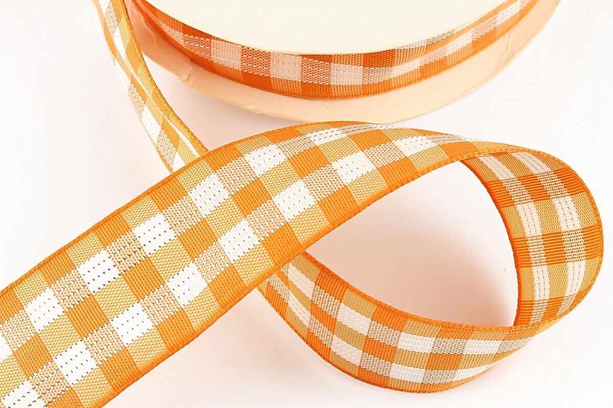 Panglica material textil carouri cu fir argintiu, latime 2,5cm (1m) - portocaliu