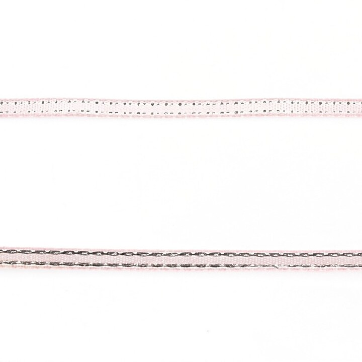 Panglica saten cu fir argintiu, latime 0,4cm (1m) - roz