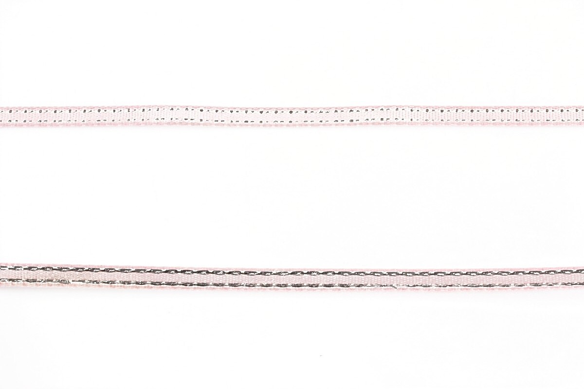 Panglica saten cu fir argintiu, latime 0,4cm (1m) - roz