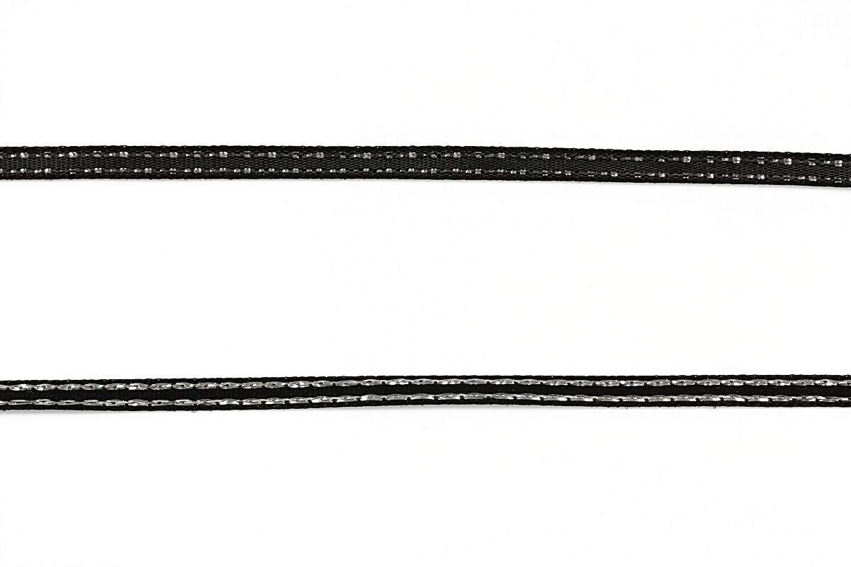 Panglica saten cu fir argintiu, latime 0,4cm (1m) - negru