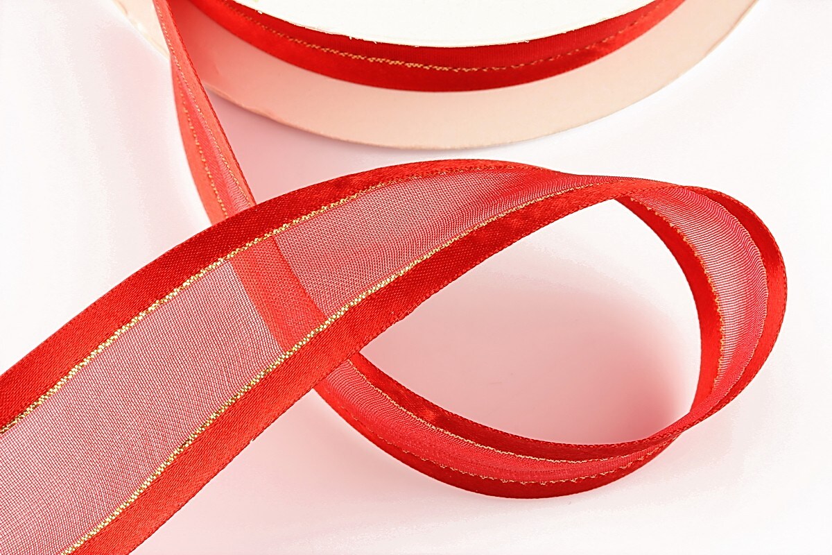 Panglica organza si saten cu fir auriu, latime 2,4cm (1m) - rosu