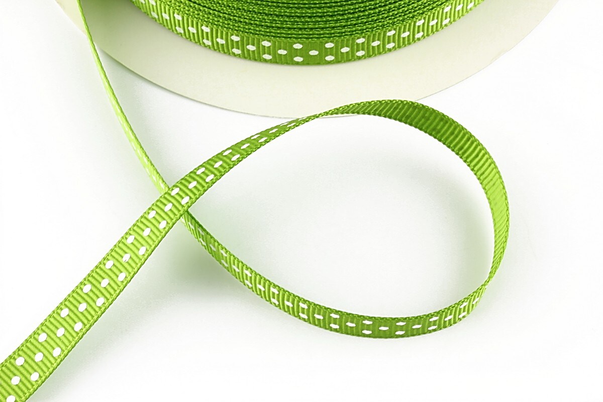 Panglica material textil verde cu buline albe, latime 1cm (1m)