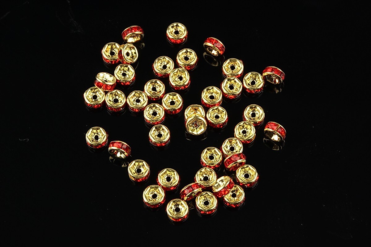 Distantiere aurii cu rhinestones rosii 4mm (rondele 2x4mm)