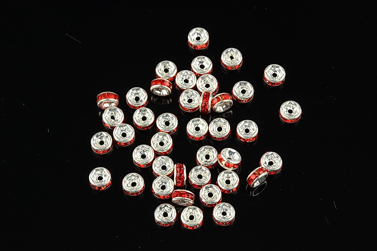 Distantiere argintii cu rhinestones rosii 4mm (rondele 2x4mm)