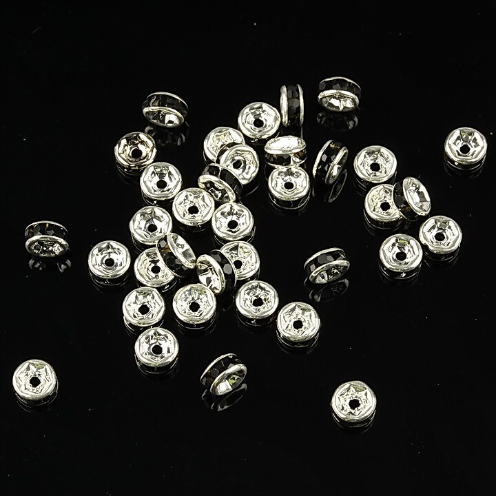 Distantiere argintii cu rhinestones negre 4mm (rondele 2x4mm)
