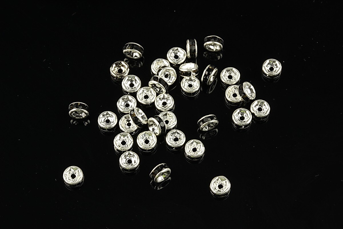 Distantiere argintii cu rhinestones negre 4mm (rondele 2x4mm)